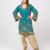 Teal ethnic dress with gold floral embroidery and matching pants, CoutureCraze 2025.