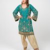 Teal ethnic dress with gold floral embroidery and matching pants, CoutureCraze 2025.
