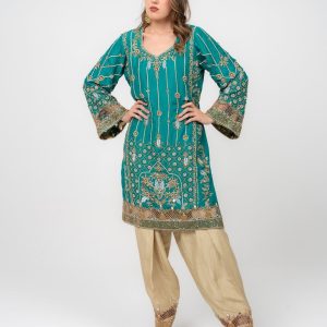 Teal ethnic dress with gold floral embroidery and matching pants, CoutureCraze 2025.