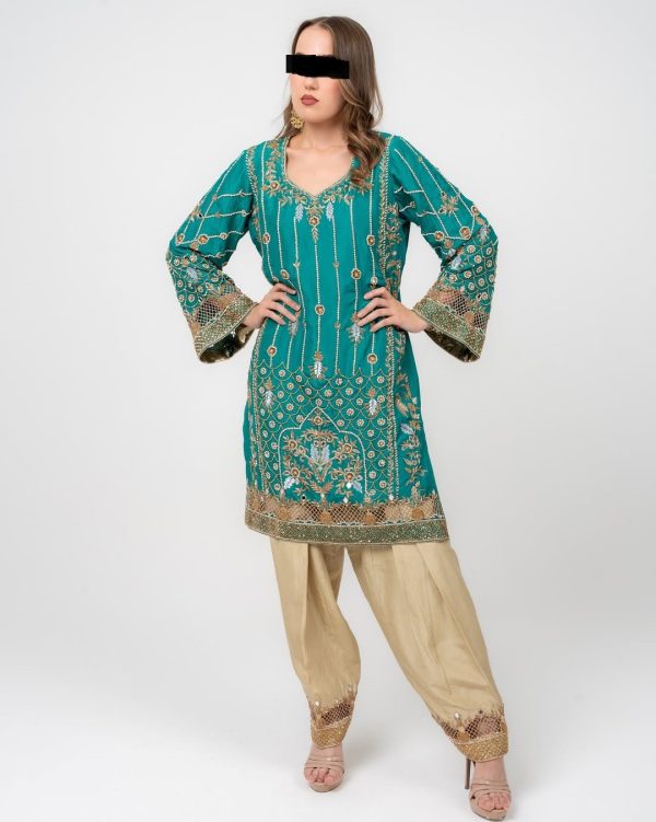 Teal ethnic dress with gold floral embroidery and matching pants, CoutureCraze 2025.