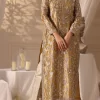 Luxury golden ethnic dress for women, featuring silver floral hand embroidery, full sleeves, and straight fit, ideal for festive occasions.