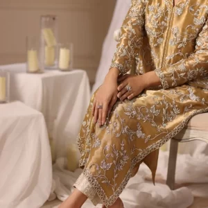 Luxury Golden Handcrafted Ethnic Dress with Silver Embroidery – CoutureCraze 2025