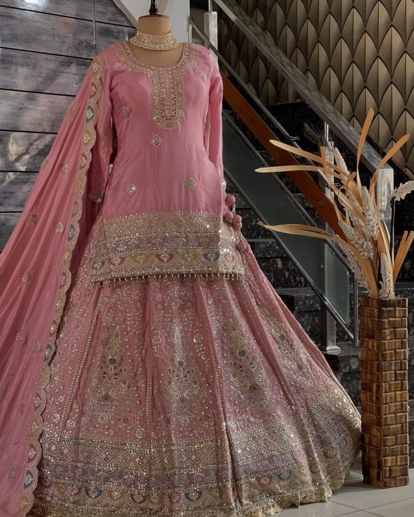 lehenga: Designer pink gold embroidered bridal lehenga set with dupatta, CoutureCraze 2025