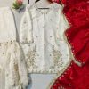 Red dupatta with mirror embroidery and lace border detailing
