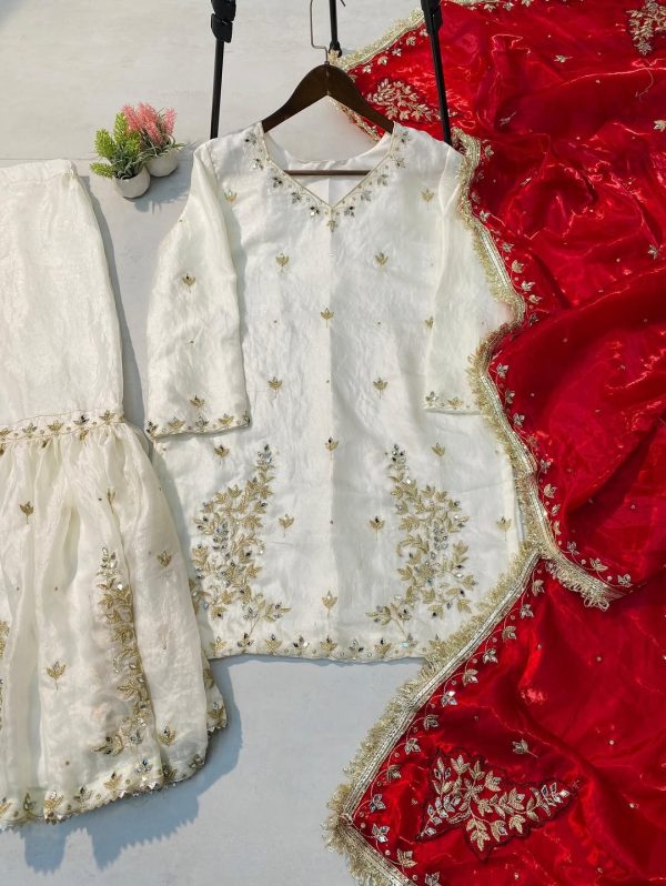 Red dupatta with mirror embroidery and lace border detailing