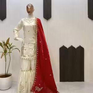 Designer white mirror work sarara set with red dupatta, CoutureCraze 2025