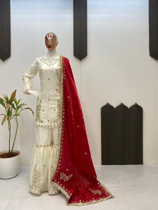 Designer white mirror work sarara set with red dupatta, CoutureCraze 2025