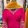 CoutureCraze hot pink and mustard embroidered suit set with golden threadwork and pearls