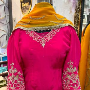 CoutureCraze hot pink and mustard embroidered suit set with golden threadwork and pearls
