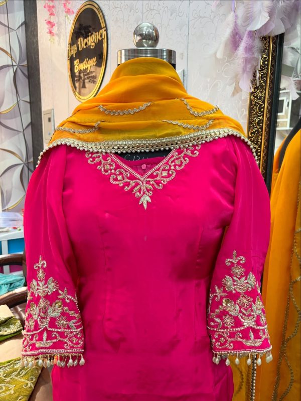 CoutureCraze hot pink and mustard embroidered suit set with golden threadwork and pearls