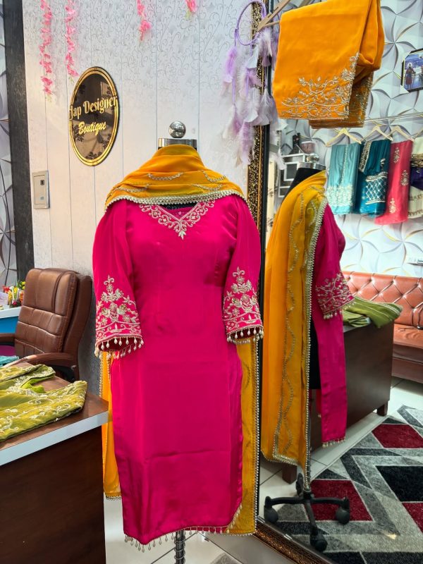 Full view of CoutureCraze hot pink mustard suit set with designer embroidery