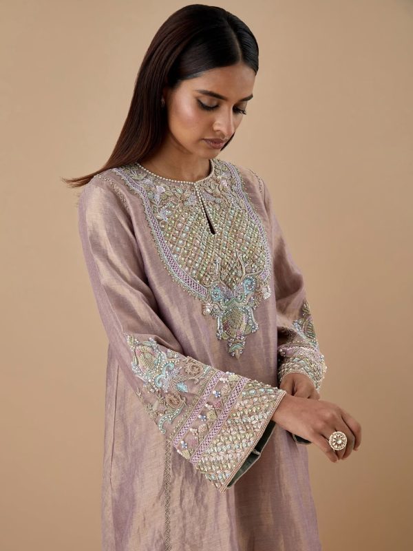 CoutureCraze lilac kurta set with pearl embroidery, pastel stitchwork, and wide cuff details