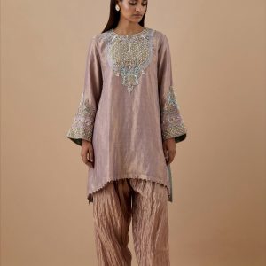 CoutureCraze lilac kurta set with pearl embroidery, pastel stitchwork, and wide cuff details