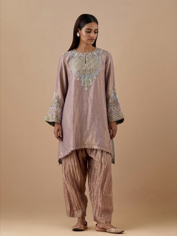 CoutureCraze lilac kurta set with pearl embroidery, pastel stitchwork, and wide cuff details