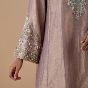 CoutureCraze lilac kurta set with pearl embroidery, pastel stitchwork, and wide cuff details
