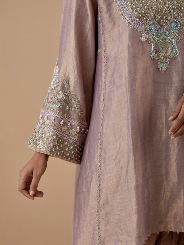 CoutureCraze lilac kurta set with pearl embroidery, pastel stitchwork, and wide cuff details