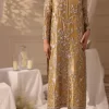 Luxury golden ethnic dress for women, featuring silver floral hand embroidery, full sleeves, and straight fit, ideal for festive occasions.