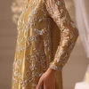 Premium ethnic dress in glossy gold with elaborate silver embroidery and artisan detailing.
