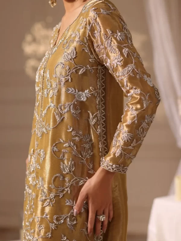 Premium ethnic dress in glossy gold with elaborate silver embroidery and artisan detailing.