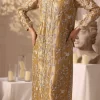 Luxury golden ethnic dress for women, featuring silver floral hand embroidery, full sleeves, and straight fit, ideal for festive occasions.