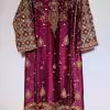 Luxury maroon ethnic dress with gold and silver hand embroidery, flared cut, CoutureCraze 2025.