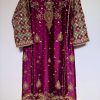 Luxury maroon ethnic dress with gold and silver hand embroidery, flared cut, CoutureCraze 2025.
