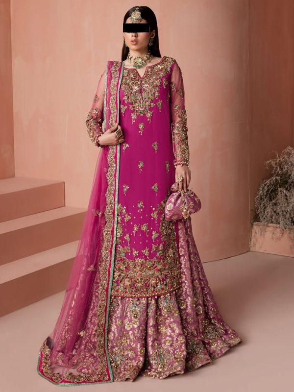 CoutureCraze magenta gold heavy embroidered sharara set with V-neck and zari work