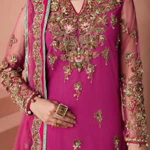 V-neckline embroidery detail on magenta gold CoutureCraze sharara set