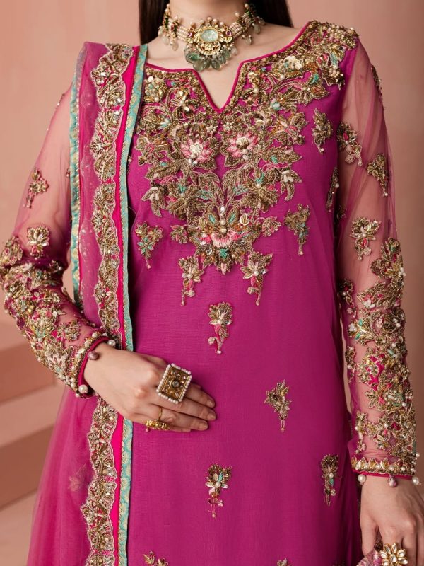 V-neckline embroidery detail on magenta gold CoutureCraze sharara set