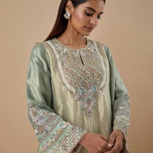 Mint green embroidered kurta with pastel beads and detailed sleeves from CoutureCraze