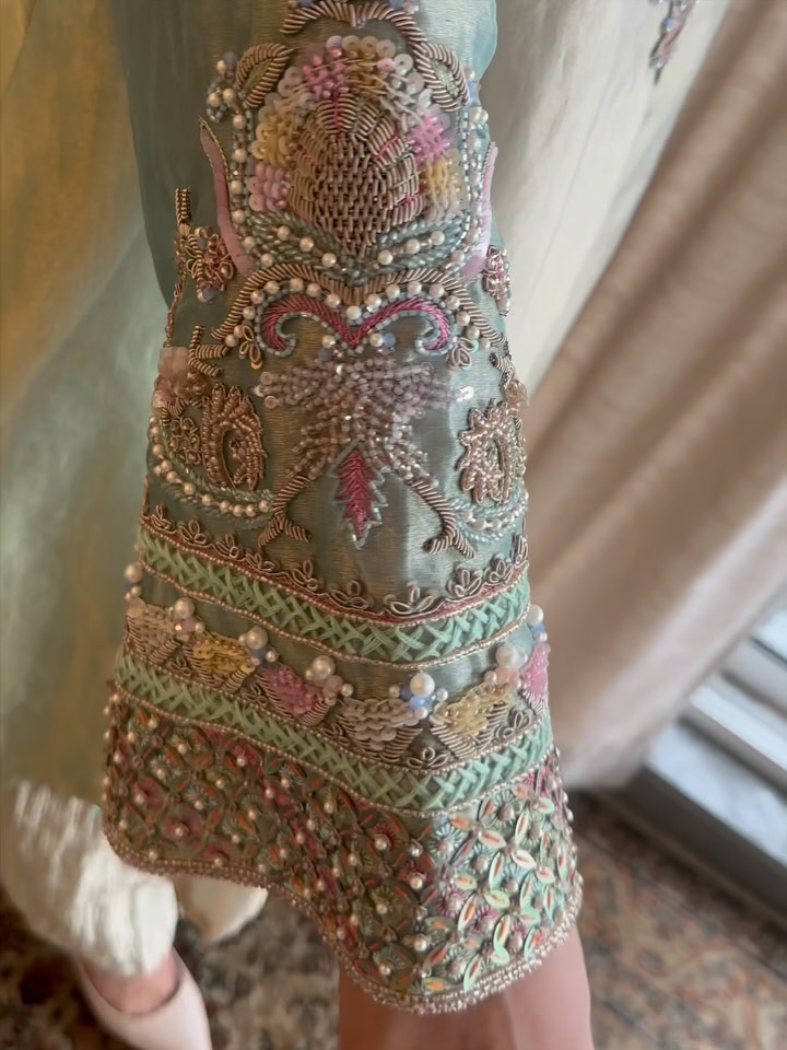 Mint green embroidered kurta with pastel beads and detailed sleeves from CoutureCraze