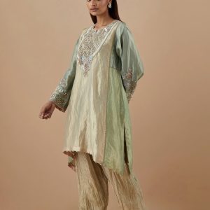 Mint green embroidered kurta with pastel beads and detailed sleeves from CoutureCraze