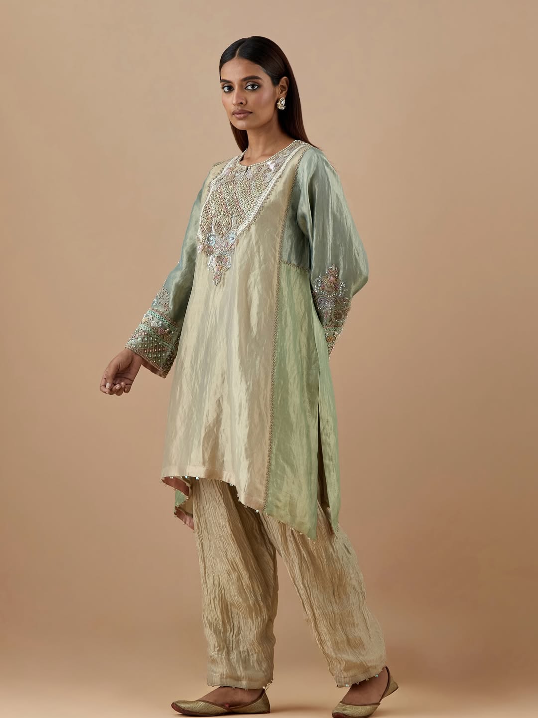 Mint green embroidered kurta with pastel beads and detailed sleeves from CoutureCraze