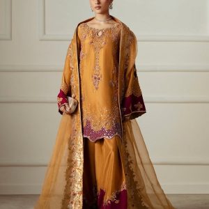 Mustard maroon embroidered palazzo suit with detailed floral threadwork and sequin accents by CoutureCraze