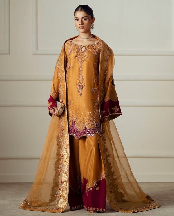 Mustard maroon embroidered palazzo suit with detailed floral threadwork and sequin accents by CoutureCraze