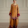 Mustard maroon embroidered palazzo suit with detailed floral threadwork and sequin accents by CoutureCraze
