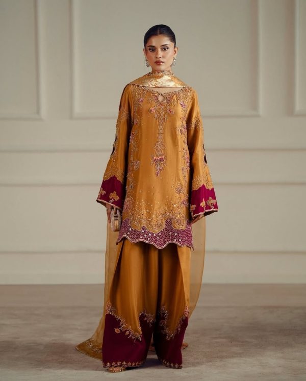 Mustard maroon embroidered palazzo suit with detailed floral threadwork and sequin accents by CoutureCraze