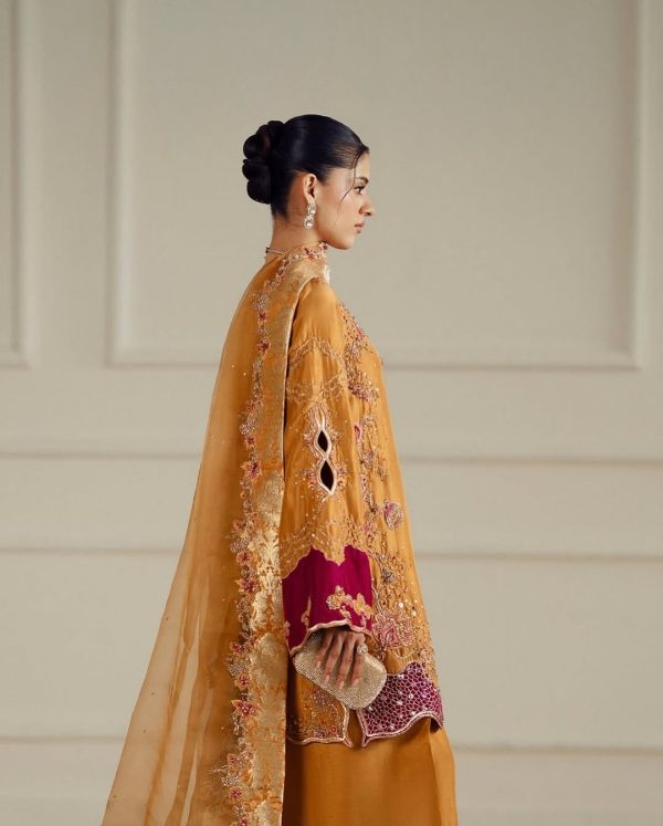 Mustard maroon embroidered palazzo suit with detailed floral threadwork and sequin accents by CoutureCraze