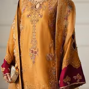 Mustard maroon embroidered palazzo suit with detailed floral threadwork and sequin accents by CoutureCraze