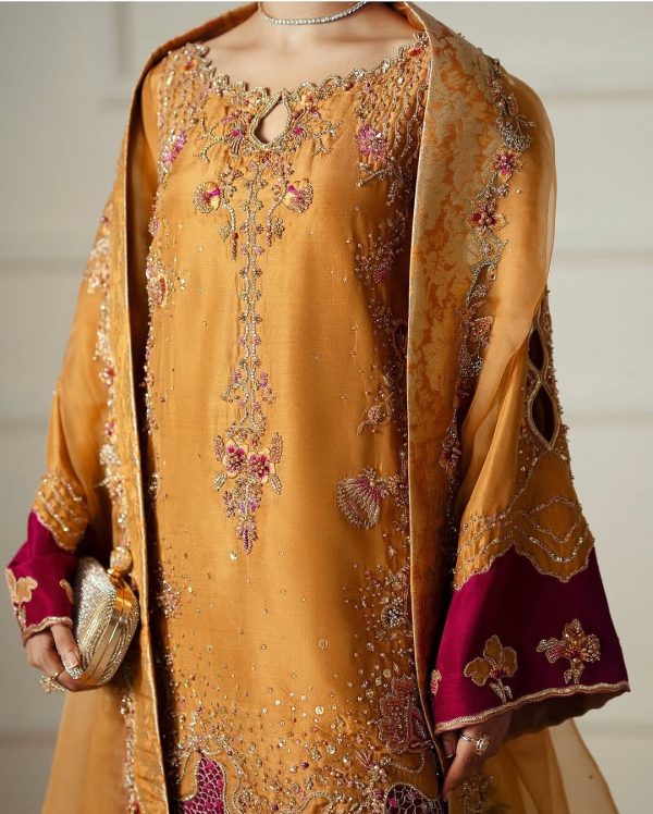 Mustard maroon embroidered palazzo suit with detailed floral threadwork and sequin accents by CoutureCraze