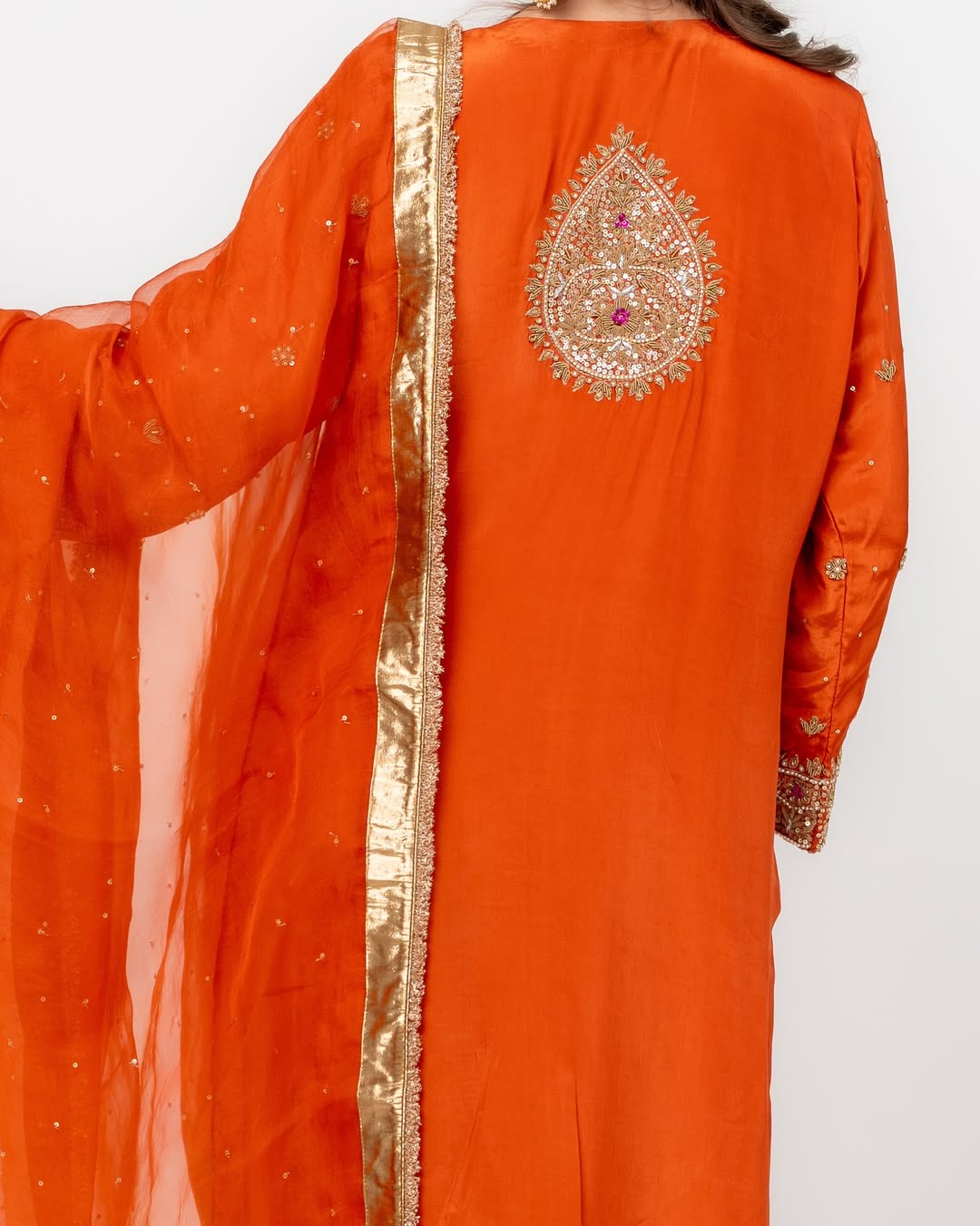 CoutureCraze orange gold embroidered suit set with hand zari work and sheer dupatta