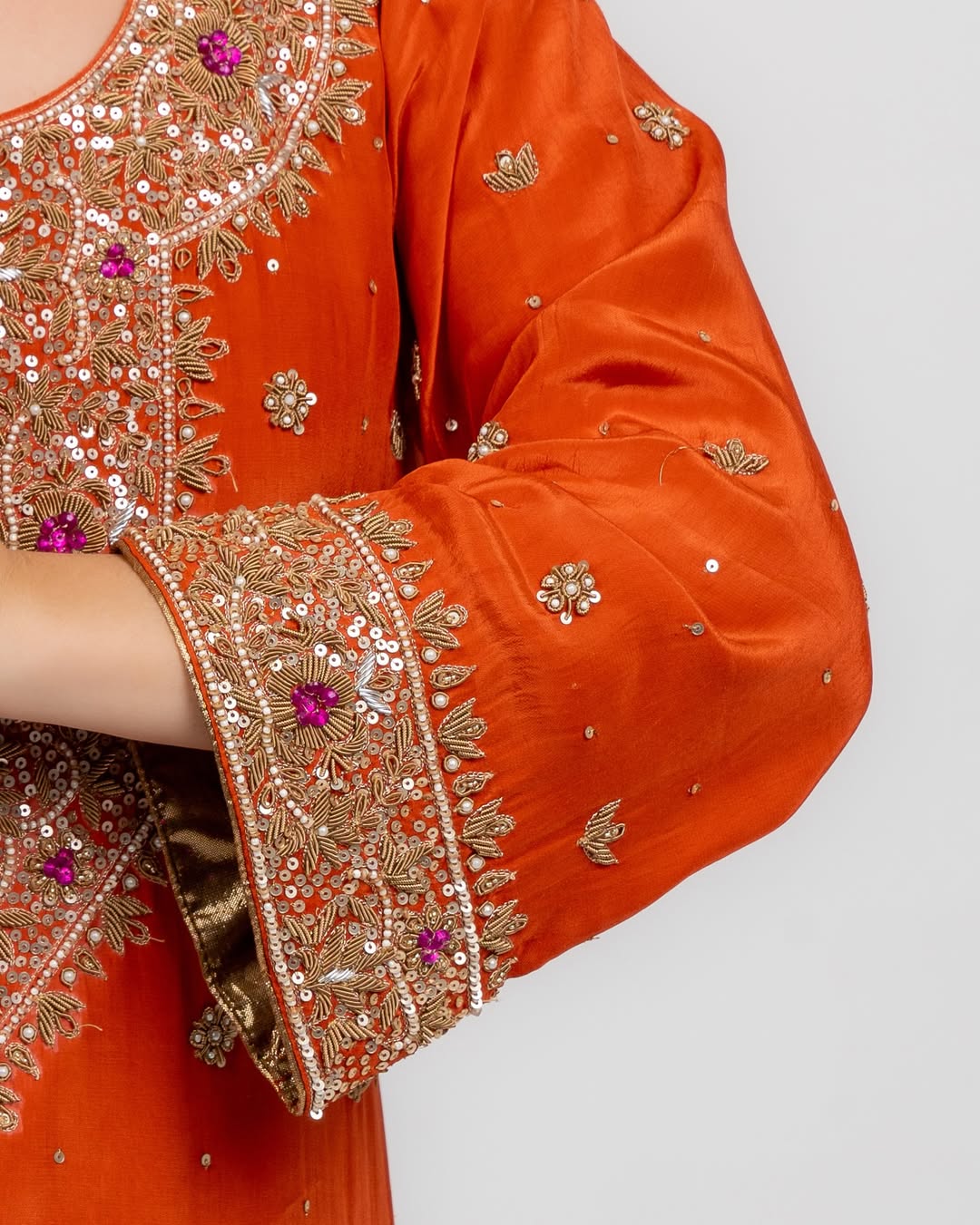 CoutureCraze orange gold embroidered suit set with hand zari work and sheer dupatta