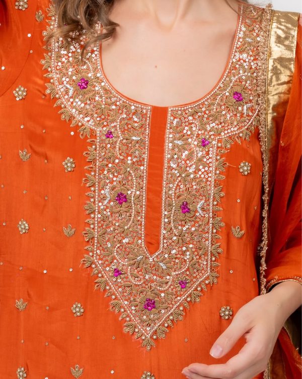 CoutureCraze orange gold embroidered suit set with hand zari work and sheer dupatta