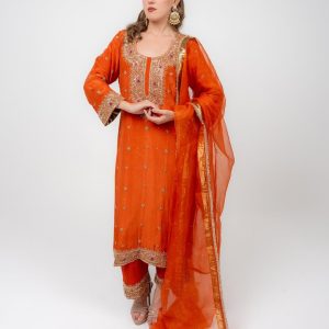 Orange Gold Hand Embroidered Suit Set | CoutureCraze