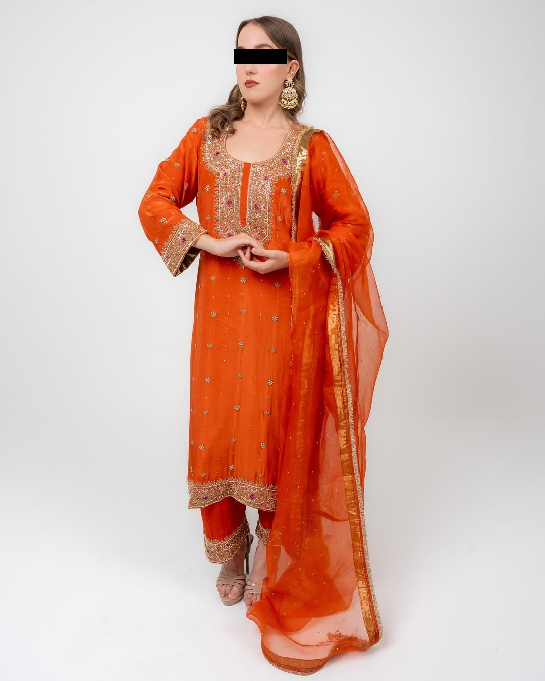 Orange Gold Hand Embroidered Suit Set | CoutureCraze