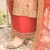CoutureCraze peach gold embroidered suit set with red dupatta and detailed golden threadwork