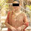 CoutureCraze peach gold embroidered suit set with red dupatta and detailed golden threadwork