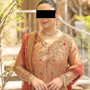 CoutureCraze peach gold embroidered suit set with red dupatta and detailed golden threadwork