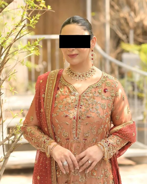 CoutureCraze peach gold embroidered suit set with red dupatta and detailed golden threadwork