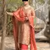CoutureCraze peach gold embroidered suit set with red dupatta and detailed golden threadwork